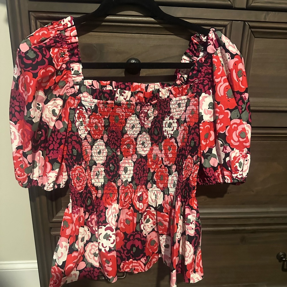 NWT - Kate Spade Red and Pink Floral Smocked Blouse